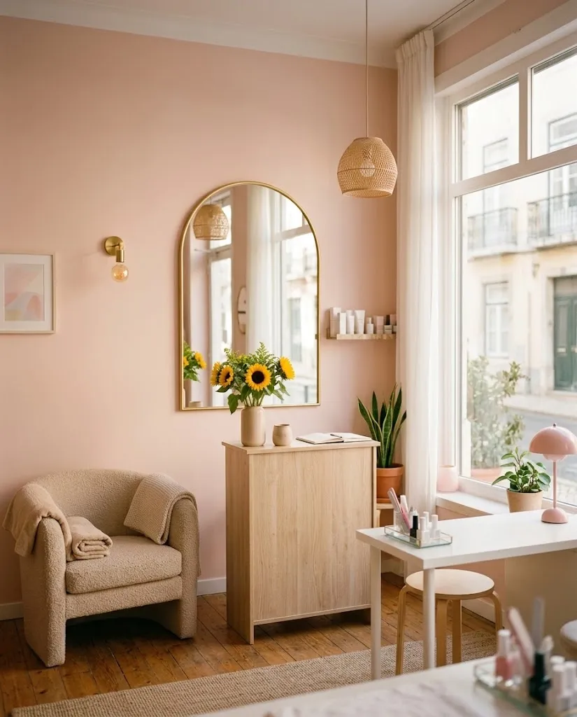 Receção do salão em rosa pastel e bege com moldura de espelho dourada