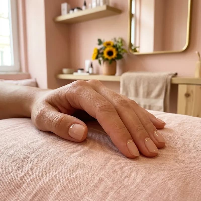 Manicure em gel nude com uma linha dourada fina