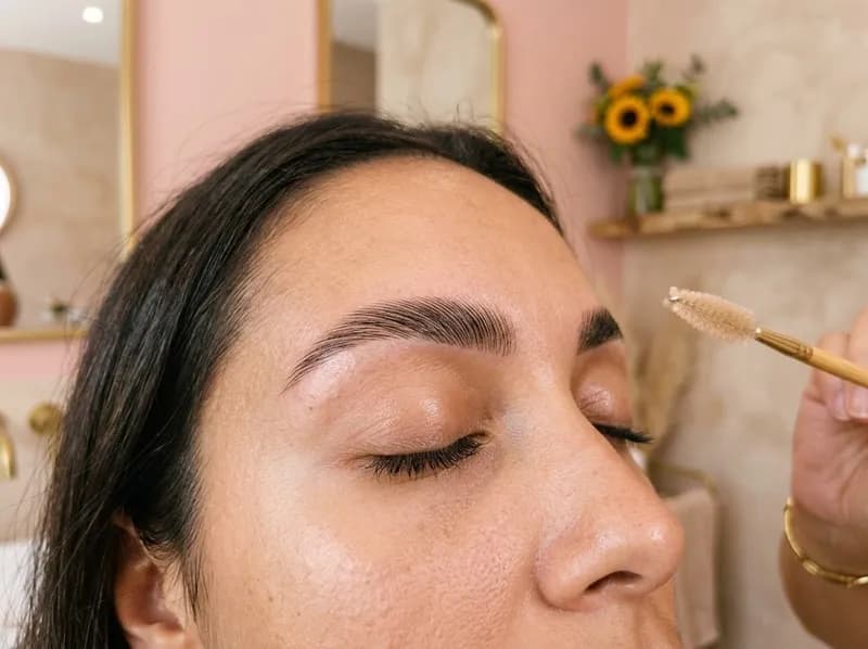 Resultado de brow lamination, sobrancelhas penteadas para cima num rosto sereno