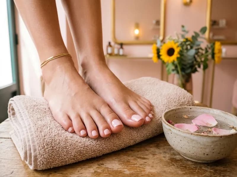 Pedicure com verniz gel rosa-pálido sobre uma toalha macia