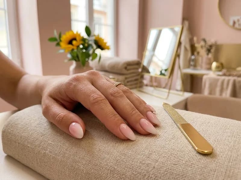 Unhas de gel baby boomer, rosa a desvanecer para branco