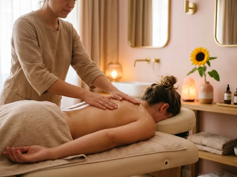 Mãos a fazer uma massagem de costas numa sala de luz suave